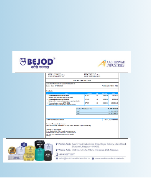 A custom-formatted quotation with branding, product details and payment terms